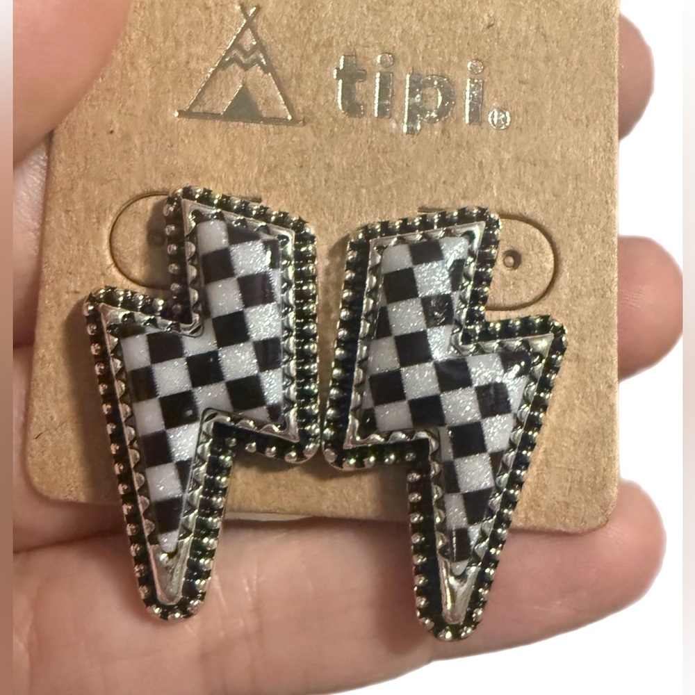 🔥Checkered Lightning Bolt Post Earrings🔥 Rocker/Edgy/Grunge Chic! BRAND NEW! - Picture 2 of 2